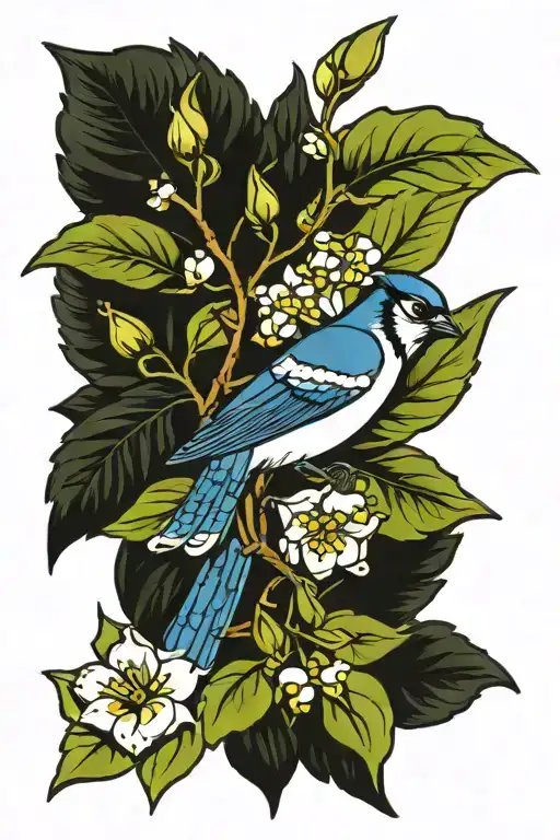 lily of valley blue jay bird tattoo design idea