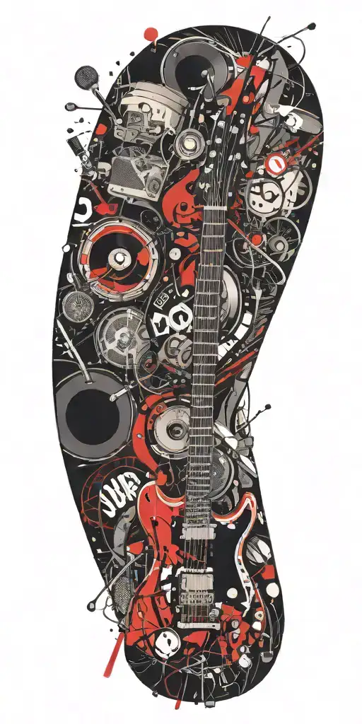 guitar drums microphone surrounded by musical tattoo design idea