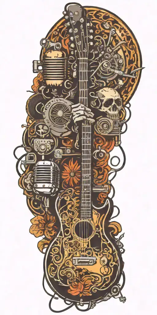 guitar drums microphone surrounded by musical tattoo design idea