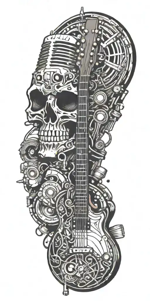 guitar drums microphone surrounded by musical tattoo design idea