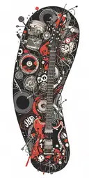 guitar drums microphone surrounded by musical tattoo design idea