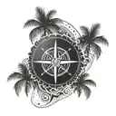 A dotwork style tattoo of a compass rose with musical notes as the cardinal directions, with palm trees and ocean waves incorporated into the design tattoo design idea