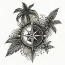 A dotwork style tattoo of a compass rose with musical notes as the cardinal directions, with palm trees and ocean waves incorporated into the design tattoo design idea