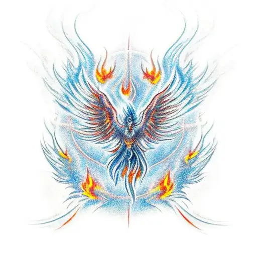 A flaming phoenix rising from the ashes with a powerful and imposing presence tattoo design idea