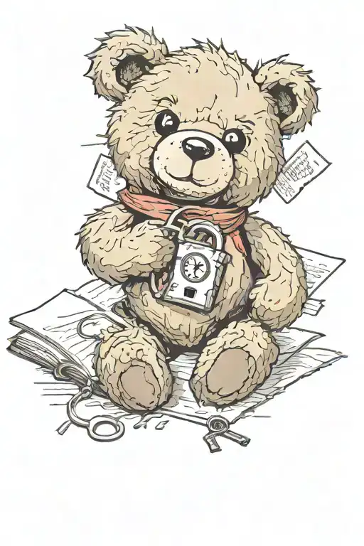 ripped up teddy bear holding book and heart shaped lock tattoo design idea
