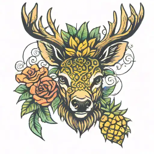 stag head - upside down pineapple -  tattoo design idea