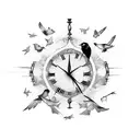 broken clock towers with birds flying out tattoo design idea