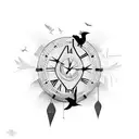 broken clock towers with birds flying out tattoo design idea