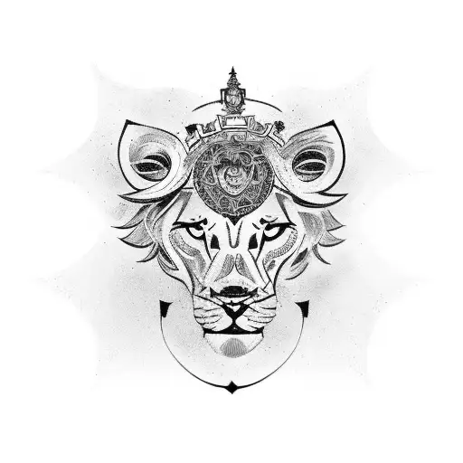 a chest tatoo that has the text "macinic" in gangsta font with a lion and roma gypsy symbol tattoo design idea
