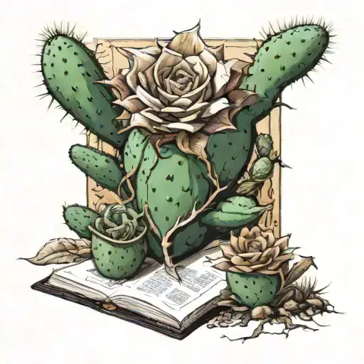a hardback story book open with a cactus and a tumbleweed in 3d coming off the pages tattoo design idea