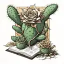 a hardback story book open with a cactus and a tumbleweed in 3d coming off the pages tattoo design idea
