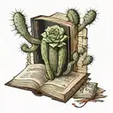a hardback story book open with a cactus and a tumbleweed in 3d coming off the pages tattoo design idea