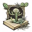a hardback story book open with a cactus and a tumbleweed in 3d coming off the pages tattoo design idea
