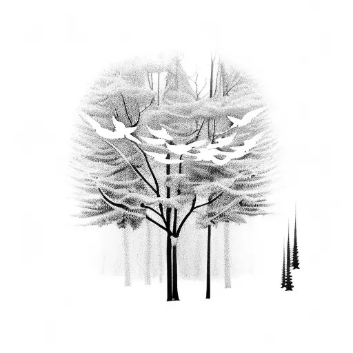 Dark forest. only color is a red cardinal flying out tattoo design idea