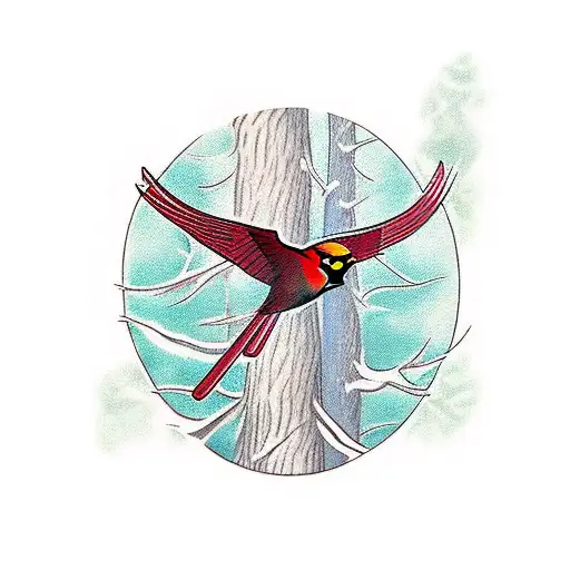 Dark forest. only color is a red cardinal flying out tattoo design idea