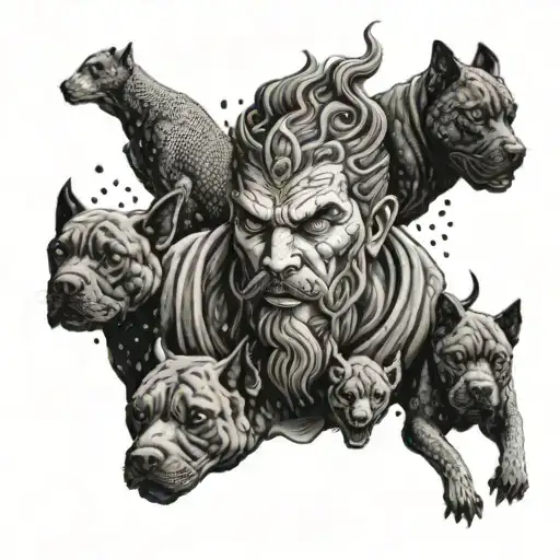 A design featuring the powerful god Hades surrounded by pitbulls in a dotwork style tattoo design idea