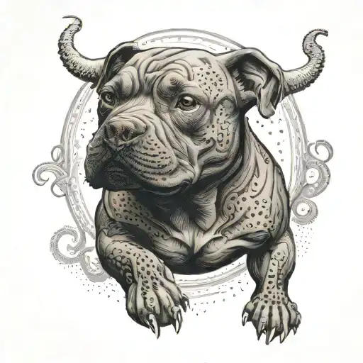 A tattoo featuring a pitmonster with characteristics of both a pitbull and a mythical creature, embodying the client's interests in a dotwork style tattoo design idea