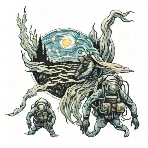 Van Gogh's Starry Night reimagined as an underwater scene with scuba divers tattoo design idea