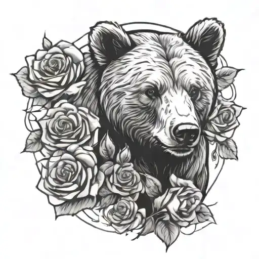 Bear Cub surrounded by red roses tattoo design idea