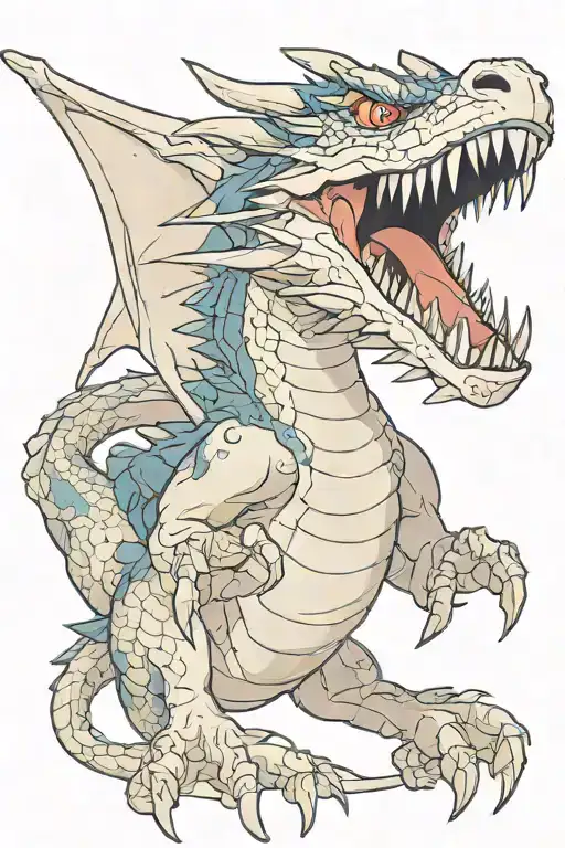 Haku the dragon with an angered look and a bloody mouth, flying tattoo design idea