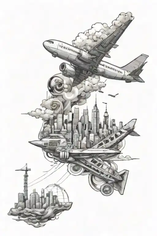 An airplane flying over a city skyline made up of different culinary symbols and ingredients tattoo design idea