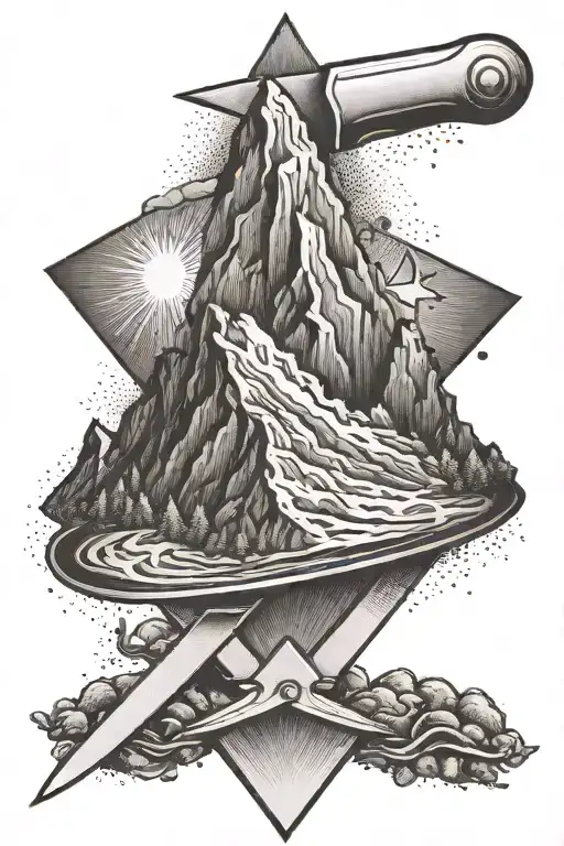 A tattoo of a mountain peak with a chef's knife and fork crossed behind it tattoo design idea