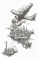 An airplane flying over a city skyline made up of different culinary symbols and ingredients tattoo design idea