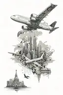 An airplane flying over a city skyline made up of different culinary symbols and ingredients tattoo design idea