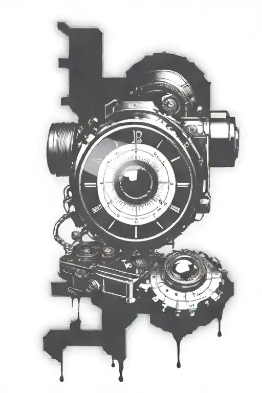 eye surrounded by digital clock in the center of a videocamera  tattoo design idea