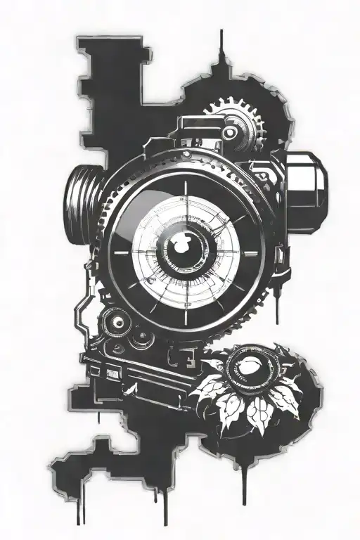 eye surrounded by digital clock in the center of a videocamera  tattoo design idea