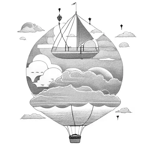 A serene ocean view from a hot air balloon floating among the clouds tattoo design idea