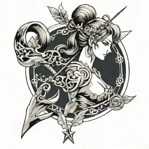 goddess of the zodiac sign Sagittarius with a bow in a half turn from the back view hovering in the air tattoo design idea