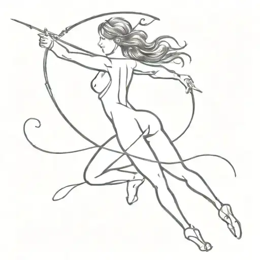 goddess of the zodiac sign Sagittarius with a bow in a half turn from the back view hovering in the air tattoo design idea
