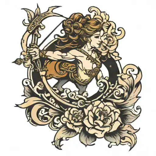 goddess of the zodiac sign Sagittarius with a bow in a half turn from the back view hovering in the air tattoo design idea