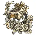 goddess of the zodiac sign Sagittarius with a bow in a half turn from the back view hovering in the air tattoo design idea