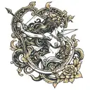 goddess of the zodiac sign Sagittarius with a bow in a half turn from the back view hovering in the air tattoo design idea