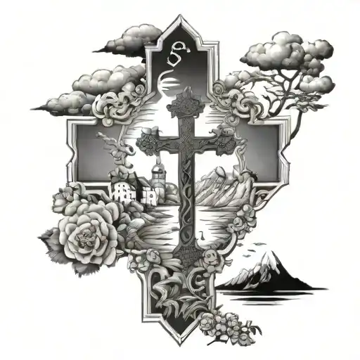 orthodox cross with Angeles and beautiful landscape tattoo design idea