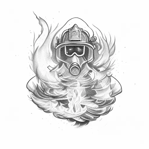 A dramatic scene of a firefighter battling flames with billowing smoke in the background tattoo design idea