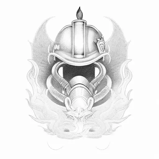 An intense depiction of a firefighter's helmet adorned with a dragon motif, representing the bravery and strength of the wearer tattoo design idea