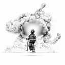 A dramatic scene of a firefighter battling flames with billowing smoke in the background tattoo design idea