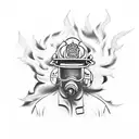 A dramatic scene of a firefighter battling flames with billowing smoke in the background tattoo design idea