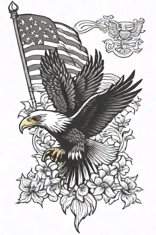 American flag behind eagle and violets tattoo design idea