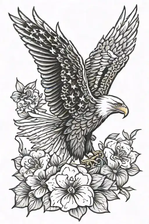 American flag behind eagle and violets girly tattoo tattoo design idea