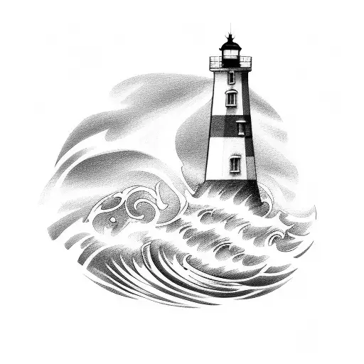 A sketch-style tattoo of a lighthouse with waves crashing around it, symbolizing your role as a guiding light for your family tattoo design idea