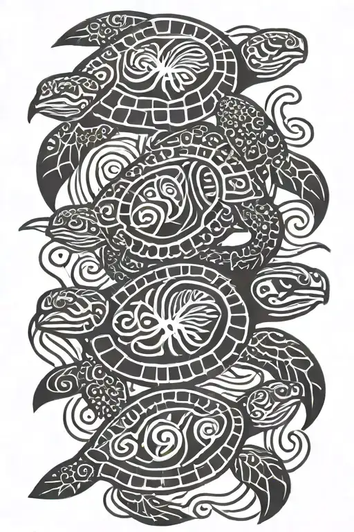 Fijian turtle family swimming together tattoo design idea