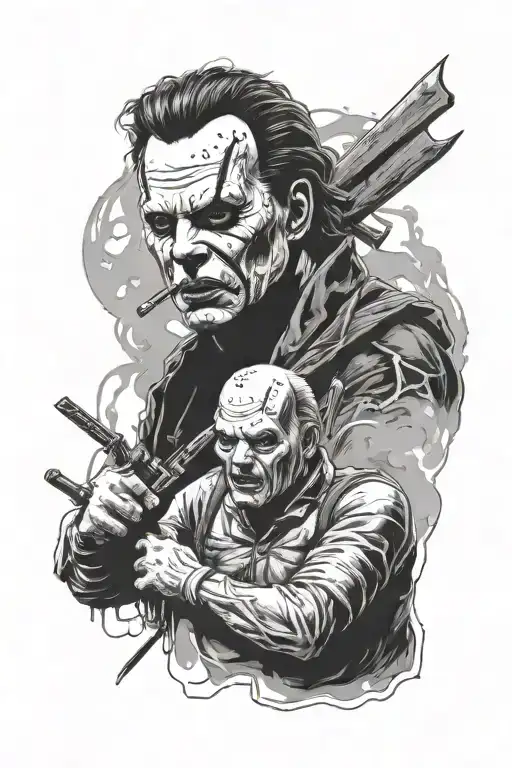Design a full sleeve horror tattoo featuring Michael Myers, Freddy Krueger, Jason Voorhees, and other iconic horror icon tattoo design idea