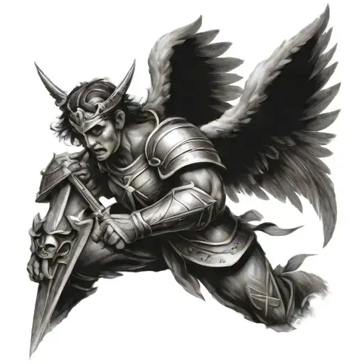 angel warrior battling tattoo design idea
