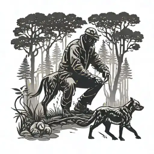 A silhouette of a veterinarian caring for a wounded animal in a peaceful forest setting tattoo design idea