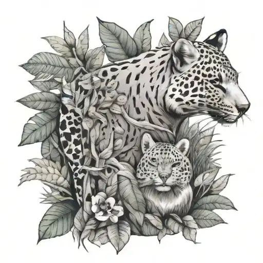 A detailed illustration of a veterinarian caring for injured wildlife in a lush jungle environment tattoo design idea