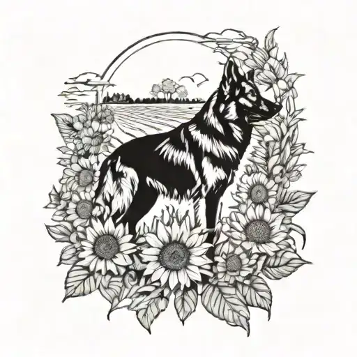 silhouette of a girl and a German shepherd in a field of sunflowers  tattoo design idea